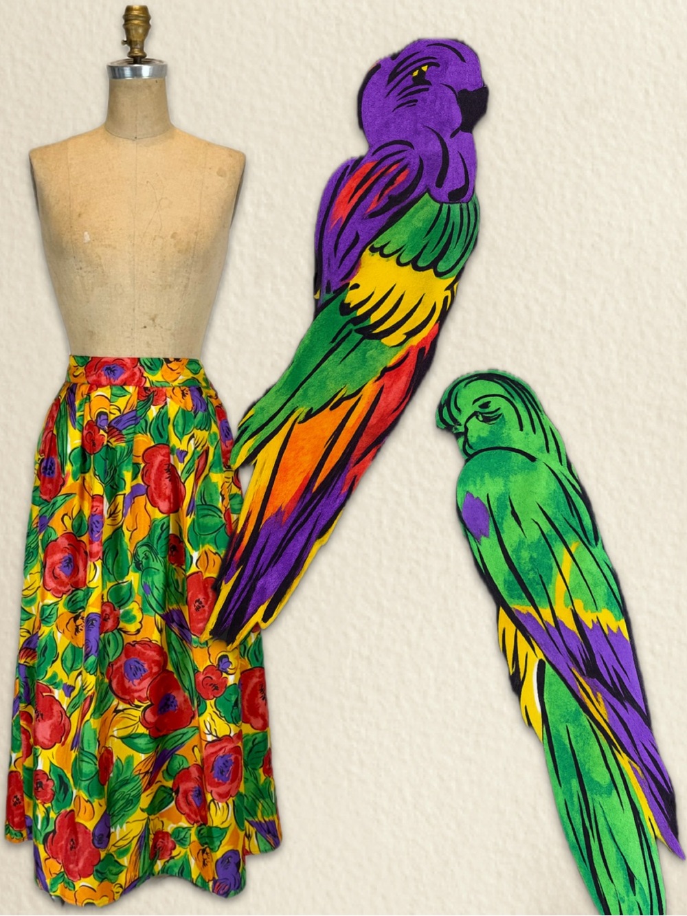 VINTAGE parrot tropical bird long maxi skirt elastic waist island luau party 80s